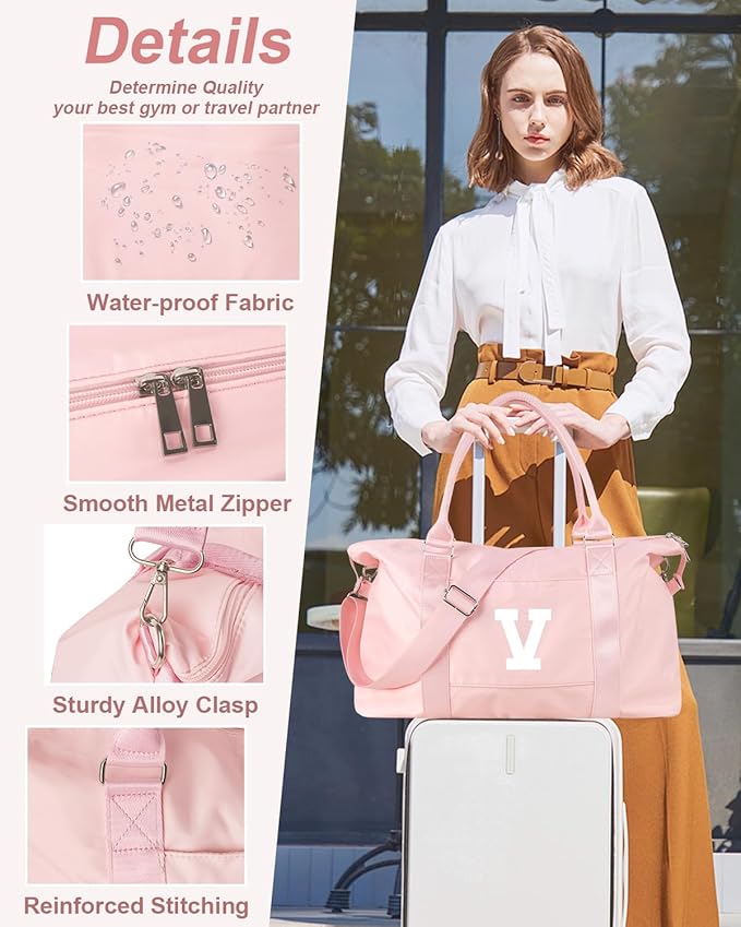 Initial Travel Duffel Bag Sports Gym Bag for Girls Teen Birthday Gifts,Pink Personalized Weekender Bag Carry On Tote Bags for Women Men,Waterproof Overnight Luggage Bag with Trolley Sleeve(Letter V)
