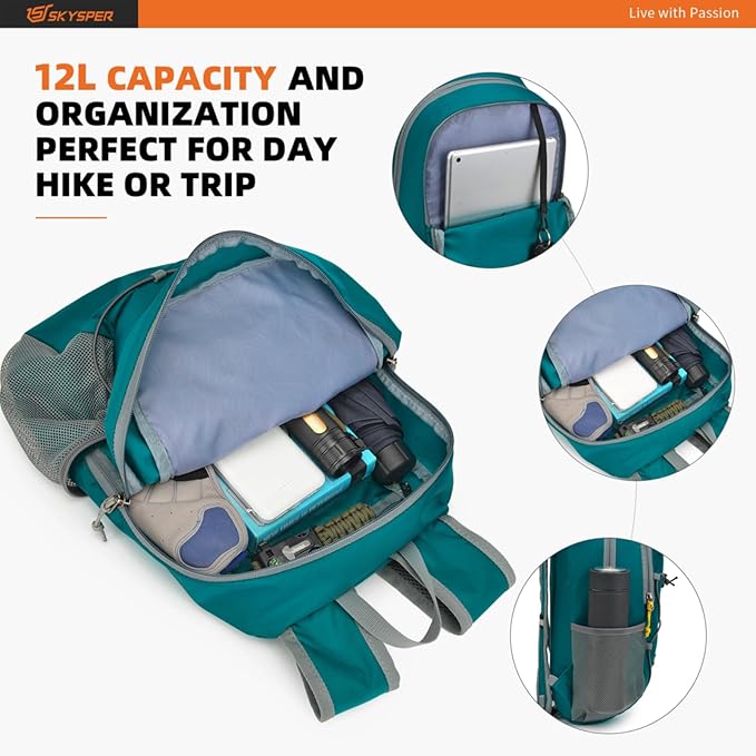 SKYSPER Small Hiking Backpack -12L Lightweight Packable Daypack for Travel Foldable Tear Resistant Backpacks for Women Men