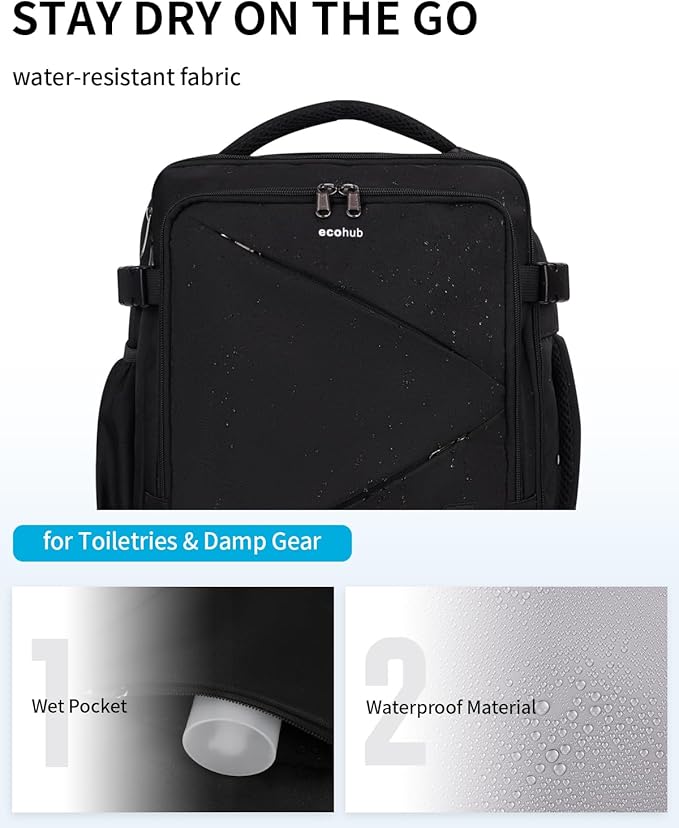 ECOHUB 30L Carry on Travel Backpack for Men Women 18x14x8, 17 inch Expandable Airlines Personal Item Bag Water Resistant Laptop Backpack Flight Approved with USB Slot & Wet Pocket, Black