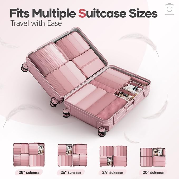 Veken 9/11 Set Compression Packing Cubes for Travel Essentials,Compressible Expandable Large Luggage Suitcase Organizer Bags for Clothing,Durable Space Saver Storage Bags with Toiletry Bags(Pink)