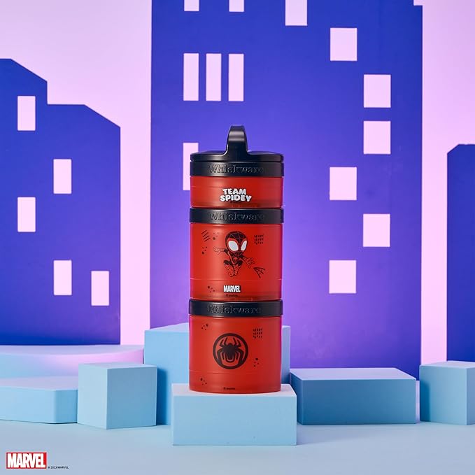 Whiskware Spider-Man Team Spidey Stackable Snack Containers for Babies, Kids, and Toddlers, 3 Stackable Snack Cups for School or Travel, Cupholder Friendly, Miles Morales
