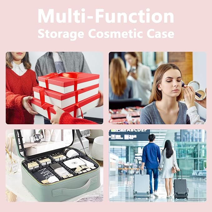 Travel Makeup Bag for Makeup Artists Large Makeup Case,with Mirror 3 Color Setting and Jewelry box Travel Makeup Bag,Portable Storage and Adjustable Dividers（pink）