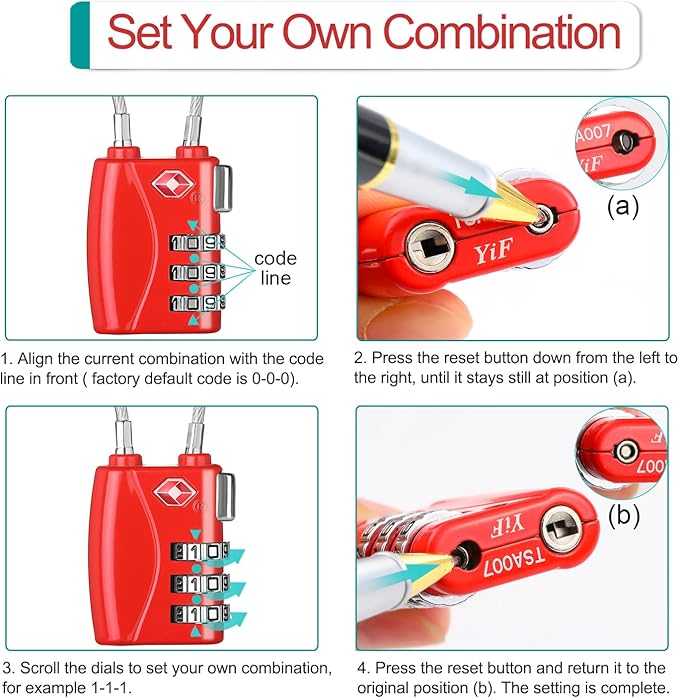 ZHEGE TSA Locks for Luggage 3 Digit Cable Padlock with Alloy Body for Suitcase, Baggage, Backpack, Pistol Case (2 Pack, Red)