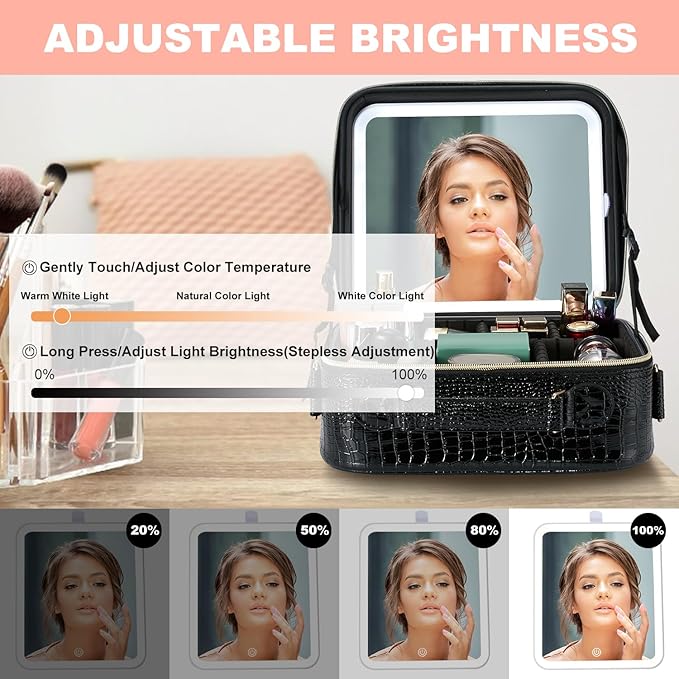 Mocado Travel Makeup Bag with LED Lighted Mirror, Travel Makeup Organizer, Makeup Case with 3 Color Lighted Setting and 10x Magnifying Mirror, Portable Storage and Adjustable Dividers (Crocodile)