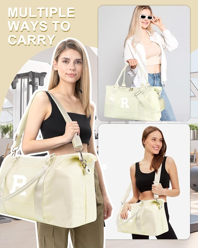 Initial Travel Duffel Bag Sports Gym Bag for Kids Teen Birthday Gifts,Beige Personalized Weekender Bag Carry On Dance Bags for Women Men,Waterproof Monogram Overnight Bag with Trolley Sleeve(Letter R)