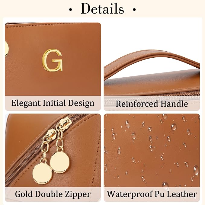 Birthday Gifts for Women Teen Girl, Personalized Initial Makeup Organizer Bag Set, Open Flat Travel Cosmetic Bag With Clear Divider and Handle(Brown,G)