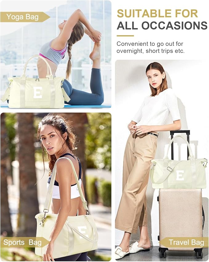 Initial Travel Duffel Bag Sports Gym Bag for Kids Teen Birthday Gifts,Beige Personalized Weekender Bag Carry On Dance Bags for Women Men,Waterproof Monogram Overnight Bag with Trolley Sleeve(Letter E)