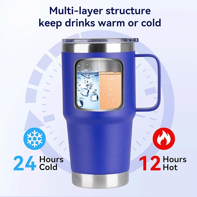 HASLE OUTFITTERS 20oz Tumbler with Handle & Lid, Insulated Stainless Steel Travel Mug, Leakproof Cup for Coffee, BPA-Free Double-Wall Vacuum Tumblers for Hot/Cold Drinks, Commuter, Gym, Office, Blue