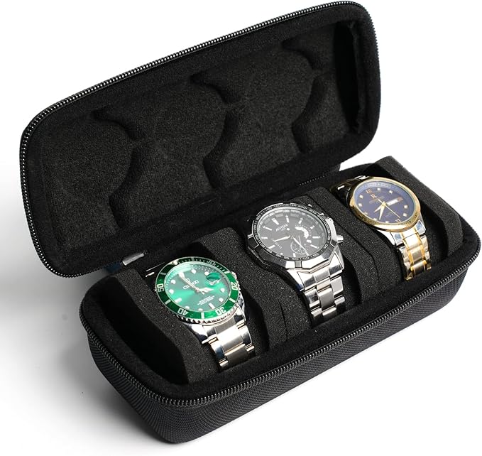 3 watch travel case roll, Hard watch carry case roll display storage organizer box for men and women with soft foam pillows snug fit all size watches up to 60mm face