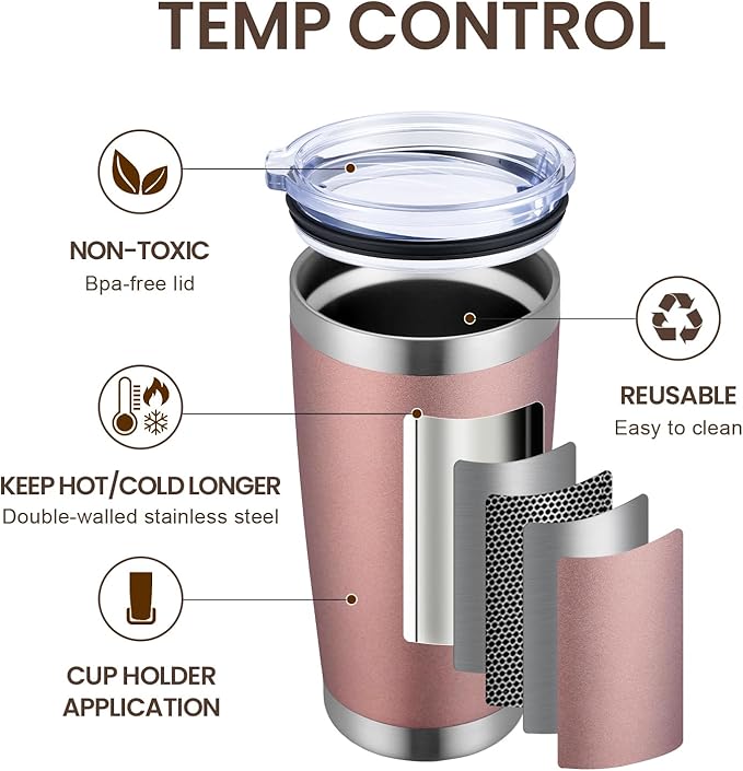 MEWAY 20oz Tumbler Cup Double Wall Vacuum Insulated Travel Mug Bulk, Stainless Steel Tumblers with Lid and Straw, Durable Powder Coated Coffee Cups for Cold & Hot Drinks (Rose Gold, 1)