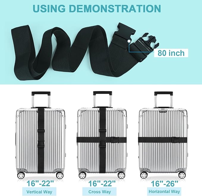 2Pcs Luggage Straps for Suitcase Travel Accessories TSA Approved, 80In Long Belts to Keep Your Suitcase Secure, Adjustable Bag Straps with Quick-Release Buckle for Travel Bag Closure, Light Blue