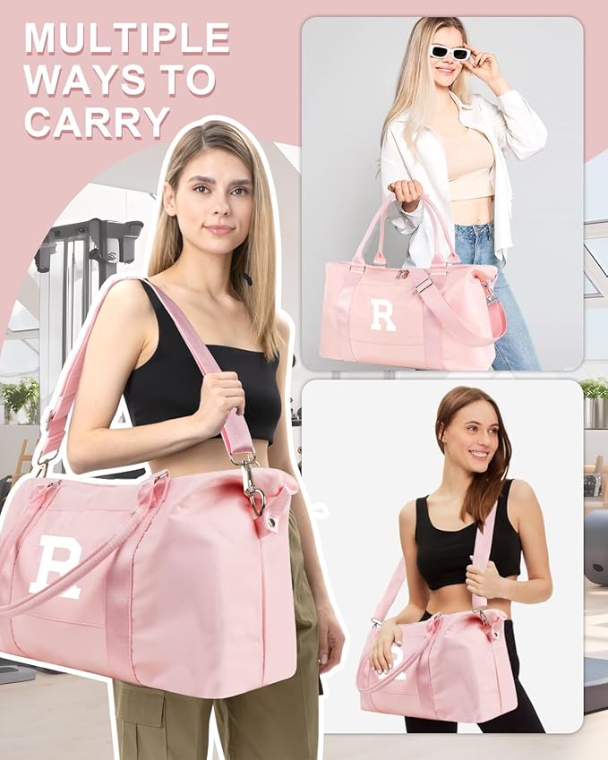Initial Travel Duffel Bag Sports Gym Bag for Girls Teen Birthday Gifts,Pink Personalized Weekender Bag Carry On Tote Bags for Women Men,Waterproof Overnight Luggage Bag with Trolley Sleeve(Letter R)