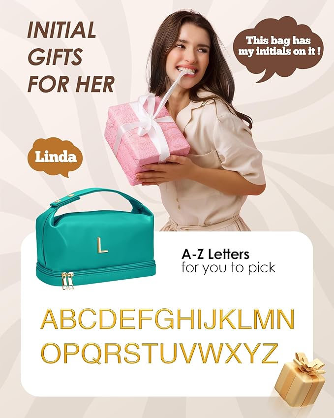 Birthday Gifts for Women 30s, Personalized Makeup Bag with Handle, Initial Double Layer Cosmetic Bag with Makeup Brush Organizer, Cute Cosmetic Pouch for Women, Gift for Friends Female Mom