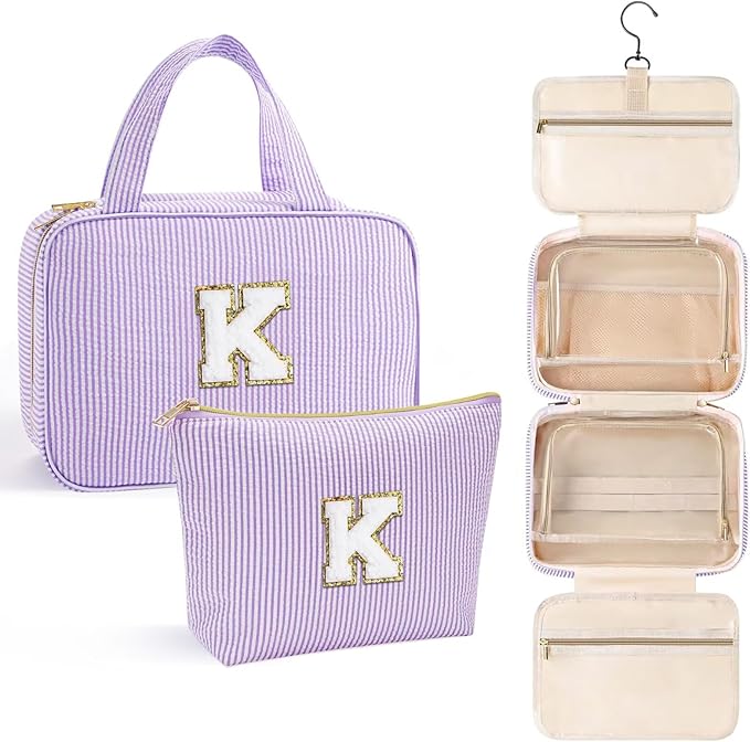 YOOLIFE Initial Toiletry Bag Travel Makeup Bag for Women - Hanging Toiletry Bag, Personalized Birthday Gifts for Women, Vacation Airplane Essentials - Letter K, Purple