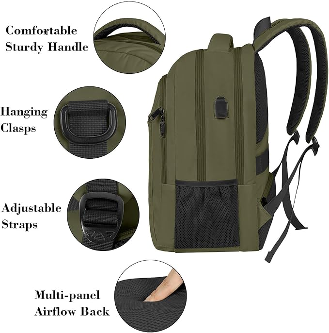 MATEIN 15.6 Inch Travel Laptop Backpack, Sturdy Computer Backpack for Women Men with USB Charging Port, Lightweight Fashion Water Resistant Traveling Backpack Casual Daypack for College Offic, Green