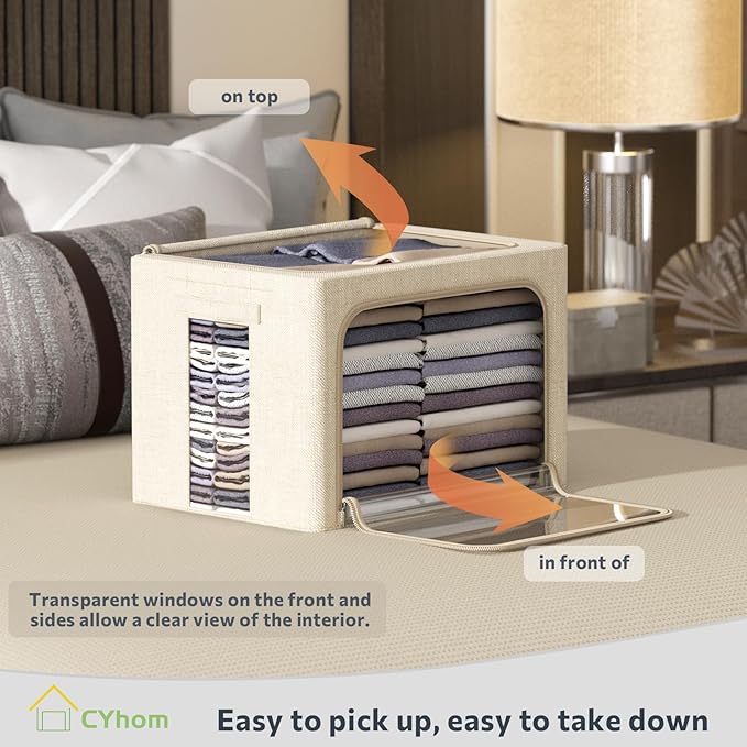 4 Pack Clothes Storage Bins with Metal Frame - Linen Fabric Foldable Stackable Container Organizer Set with Clear Window & Carry Handles & Zippers (Beige, 23.6"x16.5"x15.7")