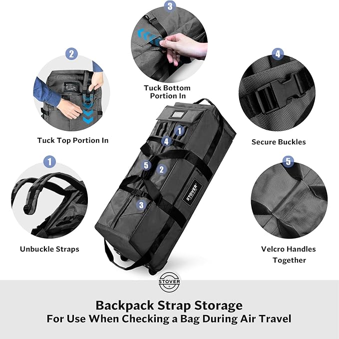STOVER 80L Rolling Duffel Bag with Wheels, Large 31 Inch Durable Travel Duffle + Toiletry Bag, Heavy Duty, Packable, Foldable w/Shoulder Straps- Use as Luggage or Backpack, Men/Women (Black)