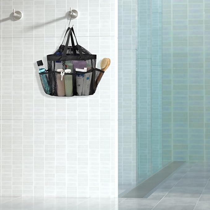 F-color Mesh Shower Caddy Portable with Drawstring - 8 Pockets Dorm Room Essentials for Guys Girls with S Hook, Shower Bag Basket Tote for College Camping Bathroom, 2 Pack Black & Mint Green