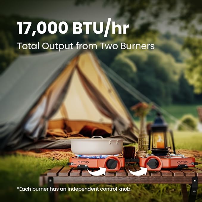 Propane 2 Burner Camping Stove with Carrying Bag, Portable Folding Gas Stove for Camping, Backpacking Camp Stove for Outdoor Cooking, With 17,000 BTU Adjustable Burners for BBQ, Tailgating