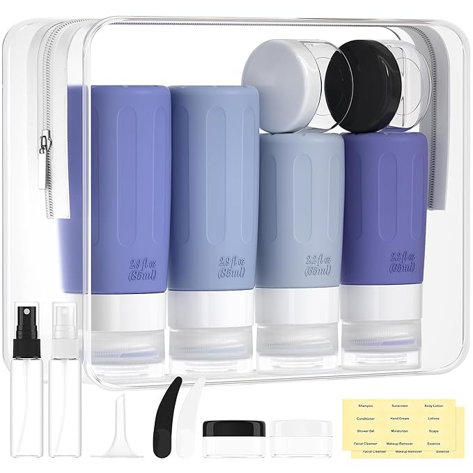Morfone 16 Pack Silicone Travel Bottles Set for Toiletries TSA Approved Travel Containers Leakproof Squeezable Refillable Accessories 2oz 3oz for Shampoo Conditioner Lotion Liquids(Blue)