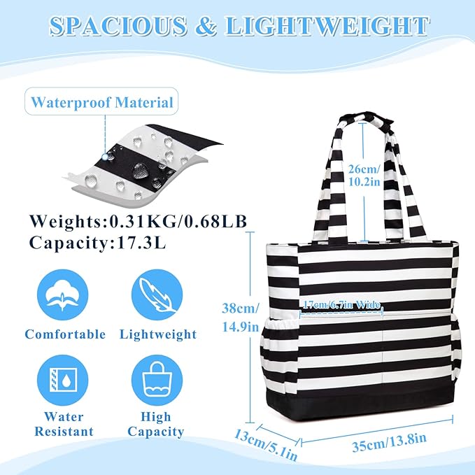 VASCHY Beach Bag for Women, Large Waterproof Sandproof Fold-able Packable Pool Tote Bag w Zipper/Pockets
