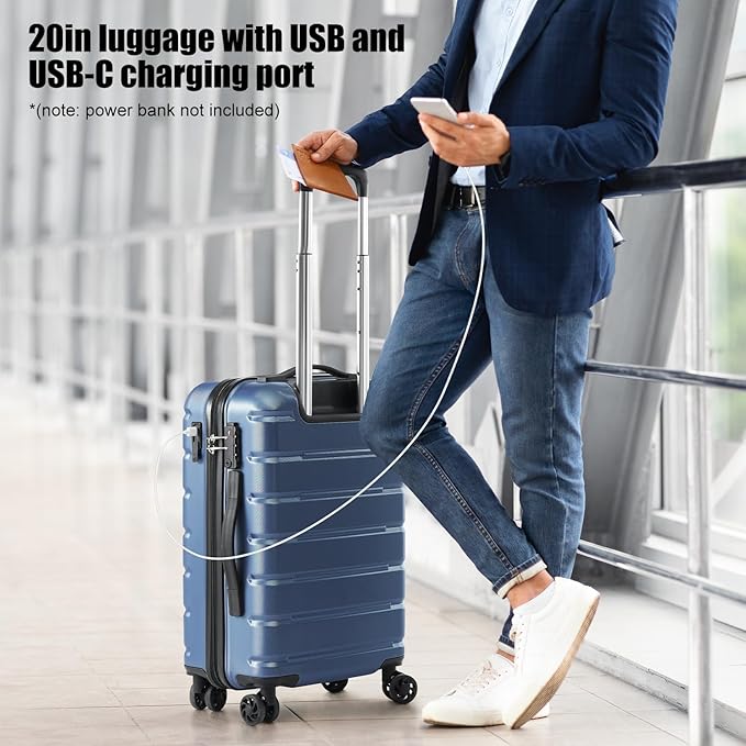 Coolife Luggage Suitcase Carry-on Spinner TSA Lock USB Port Expandable (only 28’’) Lightweight Hardside Luggage (Teal Blue, 3 piece set)