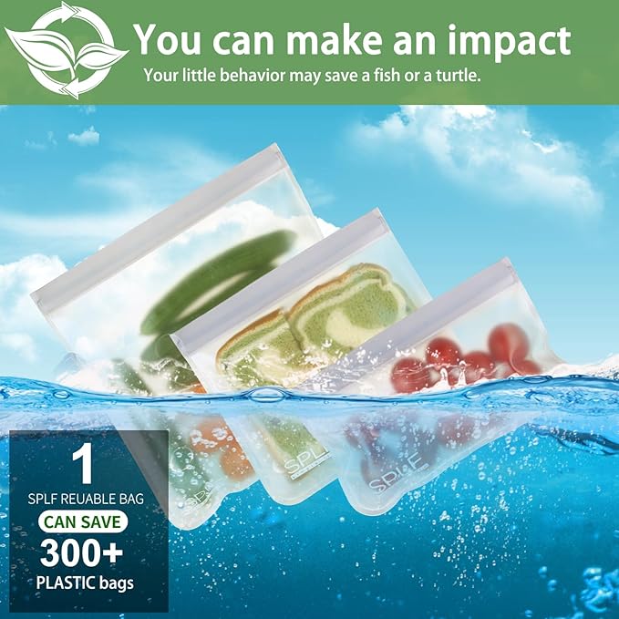 SPLF 12 Pack Dishwasher Safe Reusable Storage Bags(5 Reusable Sandwich 5 Snack 2 Gallon), Extra Thick Freezer Bags Leakproof Silicone and Plastic Free Food Lunch Bag