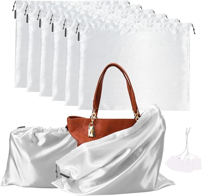 6 Pack Silk Dust Cover Bags for Handbags, Purses, Shoes & Boots - Dustproof Drawstring Bags - Travel Storage Pouches (White, 23.6 19.6 in)