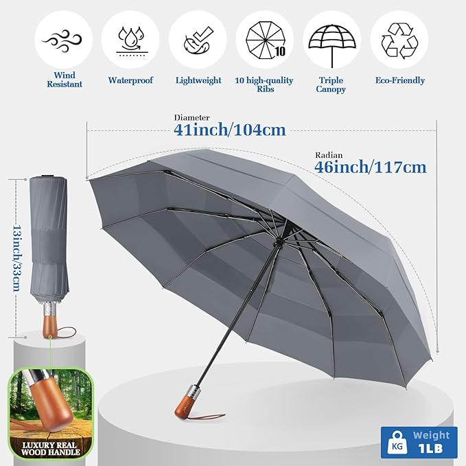 3T Wind Armor Travel Umbrella Compact Easy Auto Open Close Folding Umbrellas for Rain Windproof Umbrella for Women and Men Durable Real Wood Handle Portable Fits Backpack Car