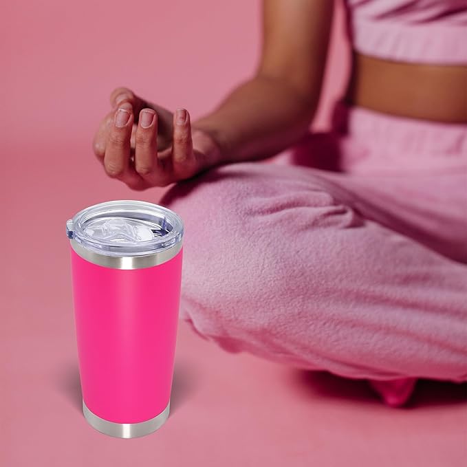 20oz Tumbler Bulk Stainless Steel Tumblers with Lid Vacuum Insulated Double Wall Travel Coffee Mug Powder Coated Tumbler Cup for Hot and Cold Drinks(Hot Pink, 12 pack)