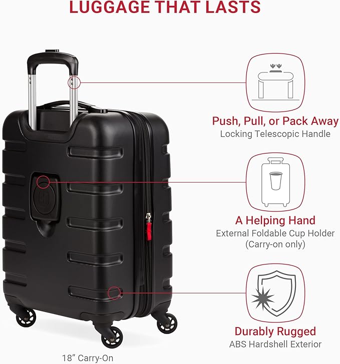SwissGear 7366 Hardside Expandable Luggage with Spinner Wheels, Black, 3-Piece Set (19/23/27)