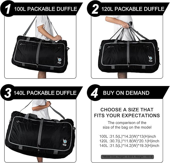 Bago Large Foldable Duffel Bags for Traveling Women & Men - 120L Packable Duffle Bag for Travel with Shoe Compartment - Water Repellant, Heavy Duty, Lightweight Folding & Collapsible (Blue)