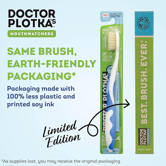MOUTHWATCHERS Soft Flossing Toothbrushes, Value Pack of 4, Blue, Manual Toothbrush for Adults, Ultra Clean, Good for Sensitive Teeth and Gums, by Dr. Plotka's