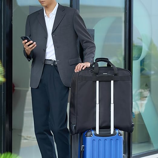 Amazon Basics 46" Premium Garment Bag for Travel, Suit Bag with Shoulder Strap for Suits and Dresses, 1680D Polyester Fabric, Exterior/Interior Pockets, Leather-reinforced Corners, Trifold, Black