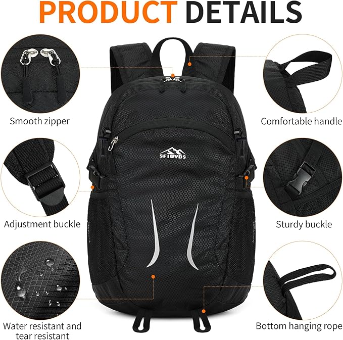 Large Hiking Daypack,30L Water Resistant Hiking Backpack Packable Lightweight Travel Day Pack for Women Men (Black, Large)