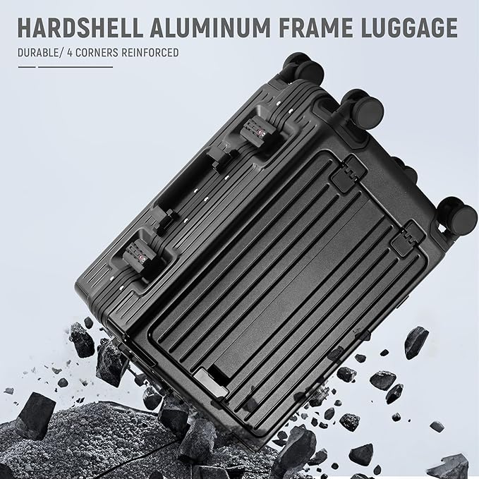 UrbanExplorer 24 Inch Check-In Aluminum Frame Luggage, ABS+PC Hard Shell Suitcases with Spinner Wheels TSA Approved Checked Luggage, Zipperless Suitcases with Cup Holder, Black