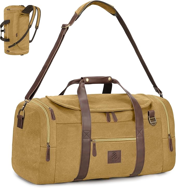 60L Duffle Bag for Men, Nomad Waxed Canvas Travel Duffel Bag Vintage Genuine Leather Travel Handbag Upgraded Weekender Overnight Backpack with Shoes Compartment (Khaki, X Large-60L)