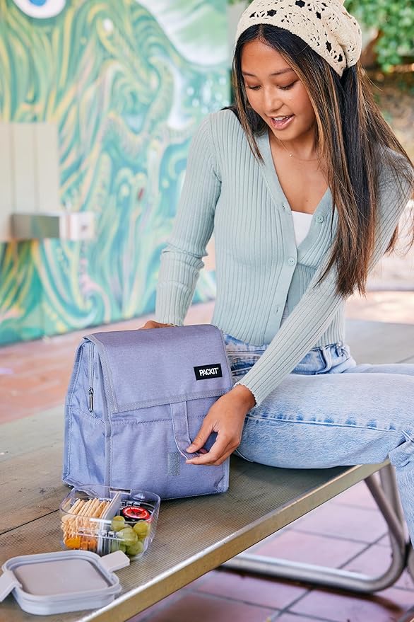 Packit® Freezable Lunch Bag, Sky Blue, Built with ECOFREEZE® Technology, Foldable, Reusable, Zip and Velcro Closure with Buckle Handle, Designed for Work Lunches and Fresh Lunch On the Go