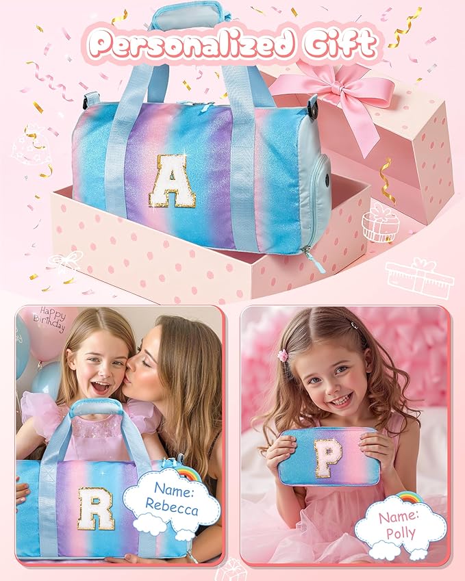 Girls Day Gifts-Girl Gym Bag with Shoe Compartment, Kid Personalized Weekender Overnight Bags, Initial Travel Tote with Makeup Pouch, Gift Ideas for Niece Sister (Letter O)