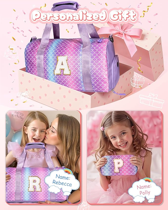 Birthday Gifts for Granddaughter-Girl Gym Bag with Shoe Compartment, Kid Personalized Weekender Overnight Bags, Initial Travel Tote with Makeup Pouch Valentine's Day Gift for Kids (Letter I)
