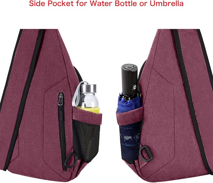 MOSISO Sling Backpack,Canvas Crossbody Hiking Daypack Bag with Anti-theft Pocket, Wine Red