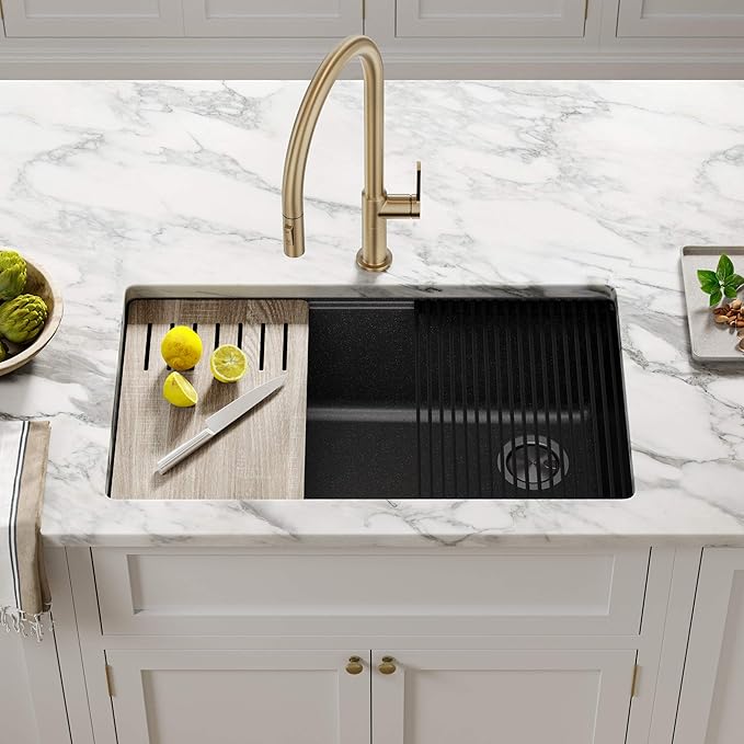 KRAUS Bellucci 32” in. Undermount Workstation Granite Kitchen Sink in Metallic Black with Accessories, KGUW2-33MBL