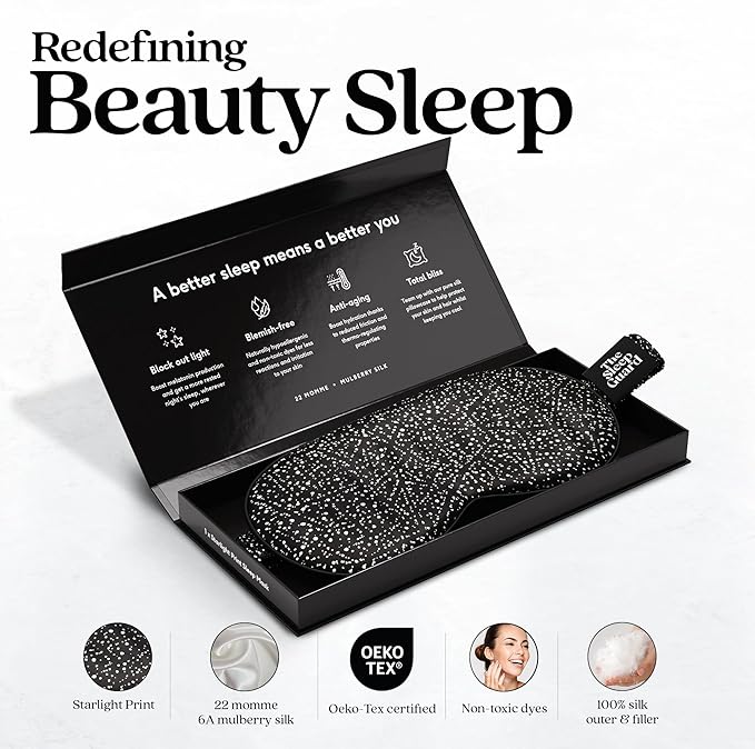 Pure Silk Sleep Mask [100% 6A Mulberry Silk, 22 Momme] Light Blocking Travel Essentials. Eye Masks for Sleeping. Black Oeko-Tex Blindfold. Eye Covers for Men & Women