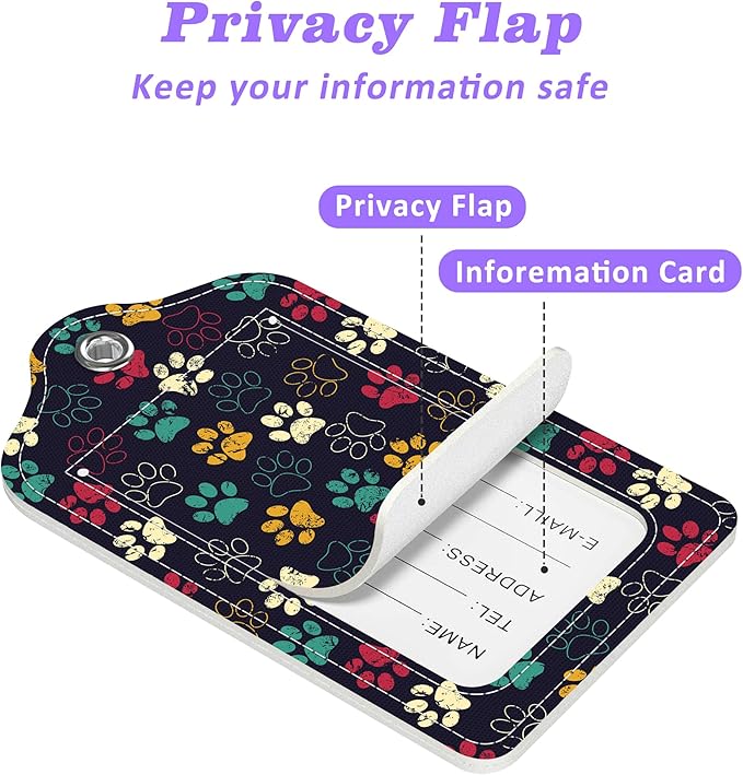 Luggage Tags for Suitcase Cute Cat Dog Paws 2 PCS Leather Travel Cruise Luggage Tag with Stainless Steel Loop Name ID Label Privacy Cover for Women Men Travel Bag Labels Set
