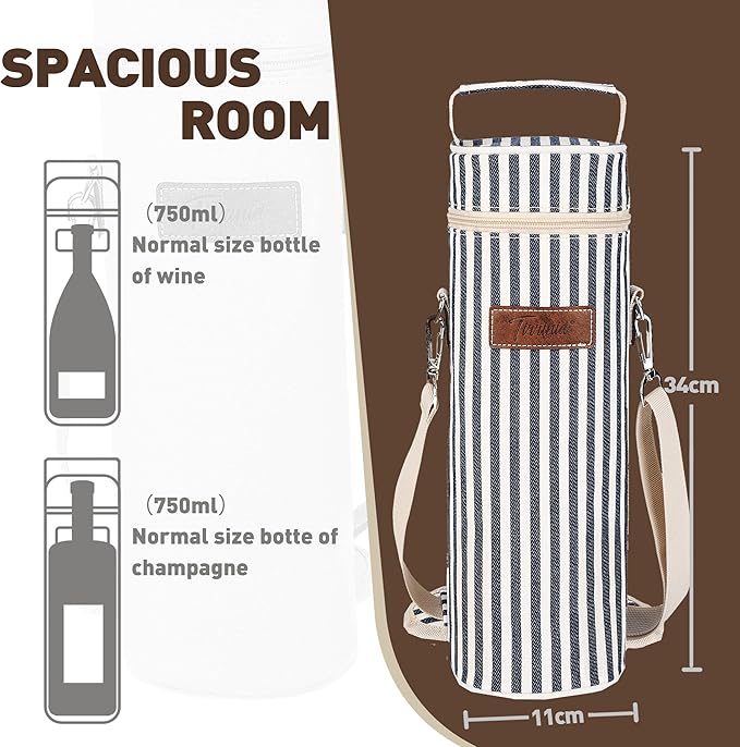 Tirrinia Single Wine Cooler Bags - Insulated & Padded Portable Wine Gift Tote Carrier for Travel, BYOB Restaurant, Wine Tasting, Party, Great Gift for Wine Lover, Blue Stripe