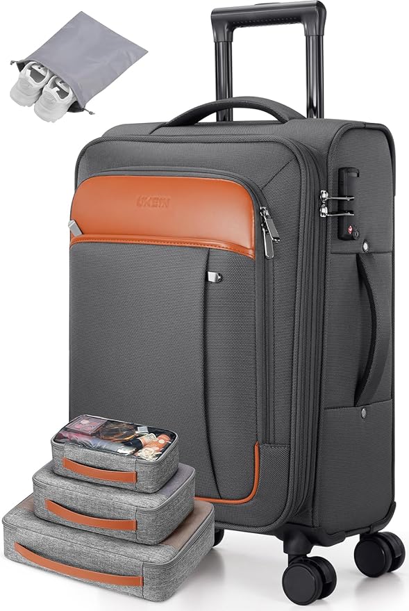 UKEIN Expandable Carry On Luggage 22x14x9 Airline Approved, 20Inch Softside Carry On Suitcase with Wheels & TSA Lock, Travel Suitcase with 4-Piece Packing Bags for Women Men (Grey, Carry on （20in）)