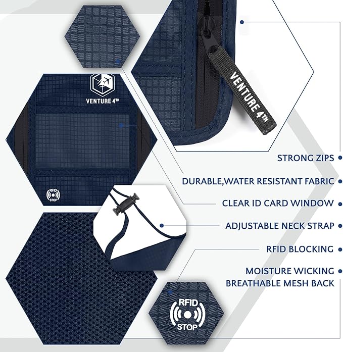 VENTURE 4TH Passport Holder Neck Pouch With RFID Blocking – Hidden Neck Wallet (Navy Blue)