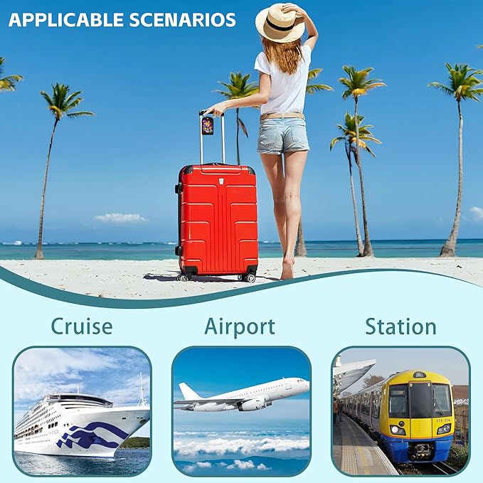 Colorful Cat Luggage Tag for Suitcase Set of 2 PU Leather Cute Luggage Tags with Stainless Metal Loop ID Label Privacy Flap Suitcase Tags for Women and Men Travel