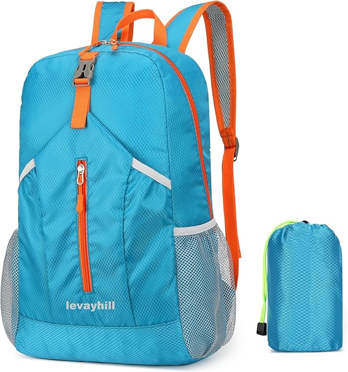 25L Hiking Backpack Foldable Sports Daypack Camping Collapsible Bag Water Repellent Lightweight Travel Men Women (Blue)