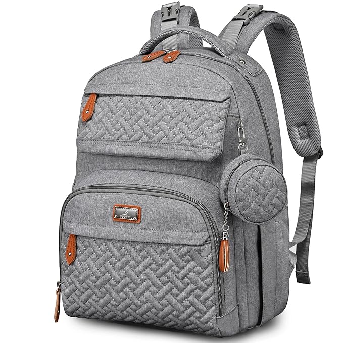 BabbleRoo Diaper Bag Backpack, Travel Backpack with Changing Pad, Pacifier Case & Stroller Straps, Multifunction, Waterproof, Unisex – Light Gray